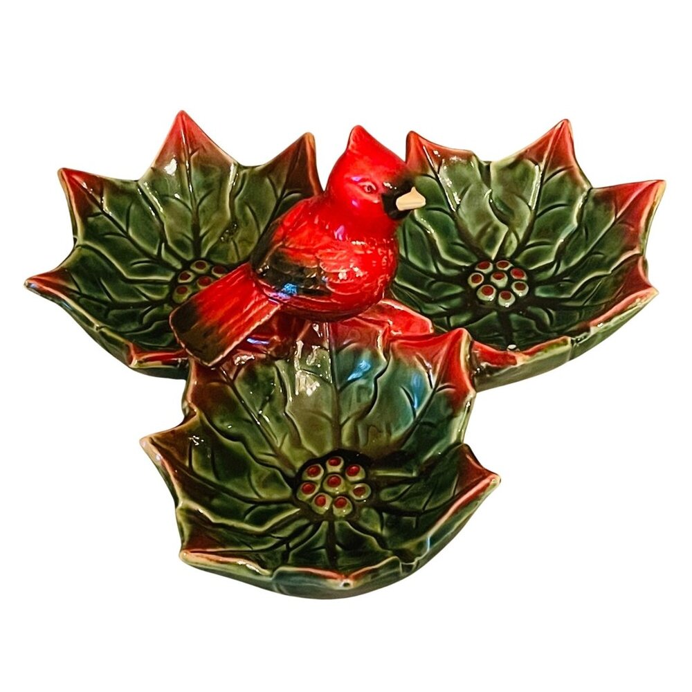 Cardinal Christmas Serving Dish Holly Leaf Relish Tray Candy Nuts Vintage
